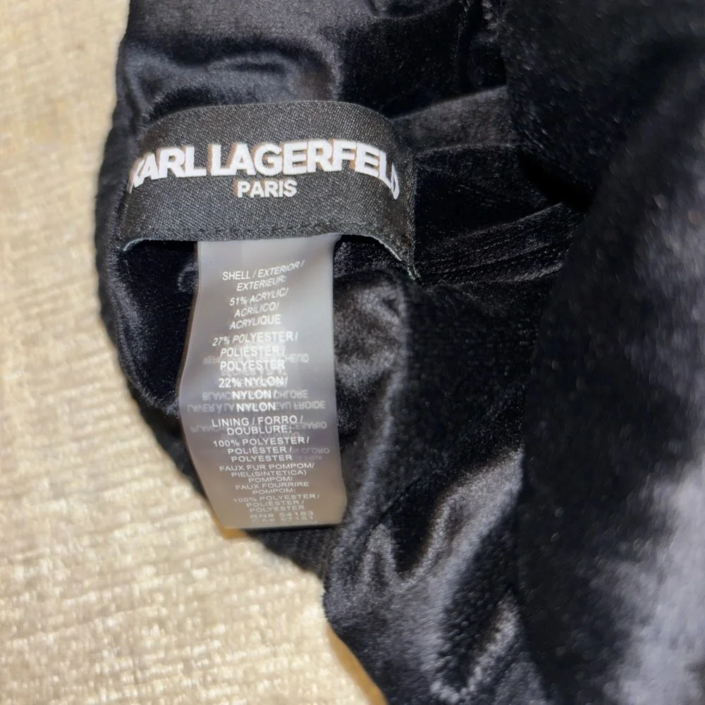 Karl Lagerfeld Beanie Pom Pom Toboggan Hat Black White Satin Lined Quiet Luxury